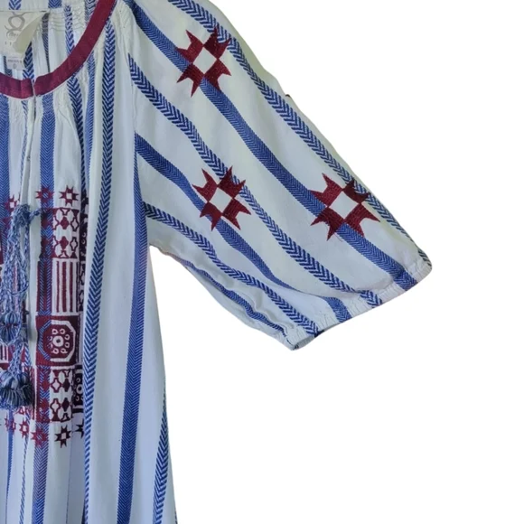 Figue Bria Cotton Tassel Boho Mini Dress Sz S Blue White Burgundy - Picture 9 of 16